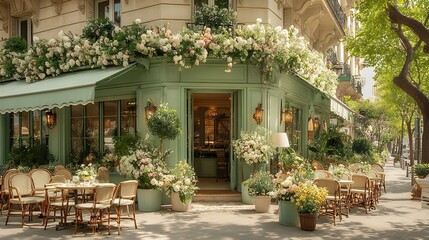 romantic french cafe terrace with ivy covered facade bistro tables chairs garden flowers mediterranean restaurant paris style outdoor seating