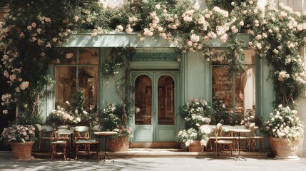 Obraz premium vintage french cafe storefront with turquoise door flowers patio seating romantic european architecture