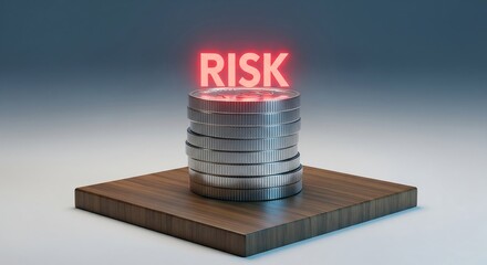 A conceptual image showing the word "RISK" glowing above a metallic cylinder on a wooden platform.