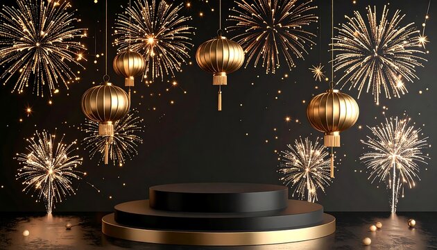 Golden Celebration: Festive Fireworks and Lanterns