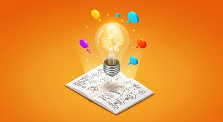 Illustration depicting a glowing lightbulb with a brain inside, hovering over a sketchbook with sketches.