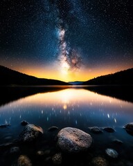 Starry sky over a tranquil lake, with the Milky Way reflecting on the calm water