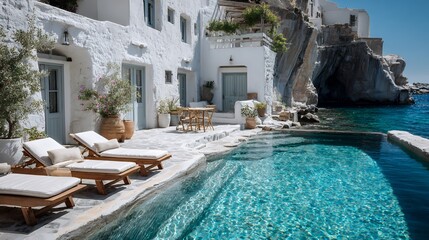 luxury santorini hotel infinity pool cave villa mediterranean sea view terrace sunbeds white architecture cycladic style