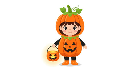 Pumpkin Costume and Treat Basket: A cheerful figure in a vibrant pumpkin costume, holding a glowing treat basket, ready to embark on a night of spooky fun and delightful treats. 