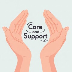 International Day of Care and Support illustration with cupped human hands embracing the Care and Support typography, suitable for health, charity, and community services assets