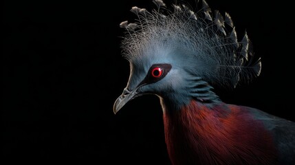 Obraz premium Goura scheepmakeri, Scheepmaker's Crowned pigeon endangered species close up profile portrait isolated on black background. Red list vulnerable bird with detailed plumage, distinctive crown feathers