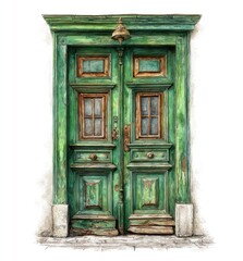 Antique green door, weathered and detailed.  Double doors with aged paint and architectural trim.  Small windows and brass hardware