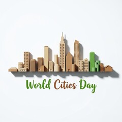 World Cities Day paper craft illustration: Top view of modern city structure with glowing network connections for urban planning and smart infrastructure