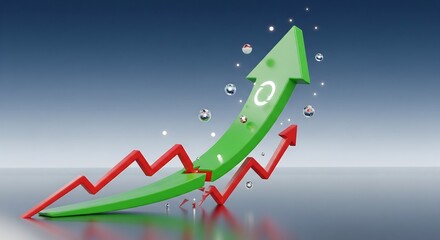 An upward-pointing green arrow piercing through a red line, symbolizing growth and progress.