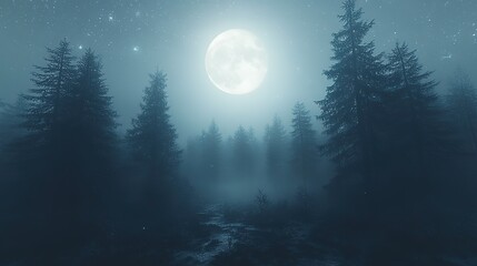 Naklejka premium Full Moon over Pine Forest with Starry Sky