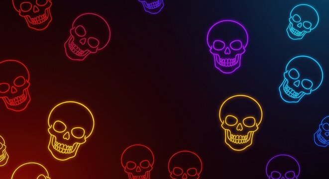 Neon Skull Pattern - Vibrant, Colorful Skulls on Dark Background, Modern Halloween Design.