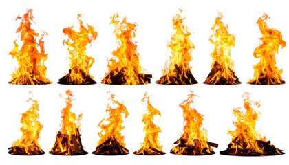 Set of bright red and orange flames blazing hot heat and light against a dark background, perfect for themes of danger and energy