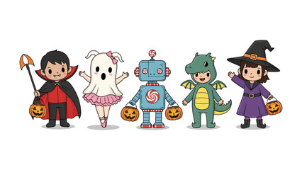 Halloween Characters: A colorful gathering of young children, each dressed in imaginative costumes, stands together, embodying the joyful spirit of Halloween in a captivating cartoon illustration.