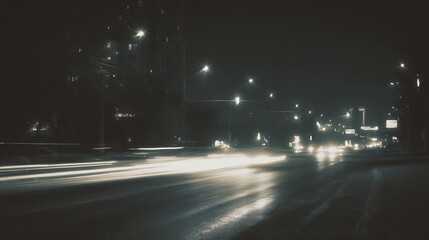 Naklejka premium moody night street scene with car headlights on wet asphalt urban road lighting
