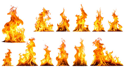Set of bright red and orange flames blazing hot heat and light against a dark background, perfect for themes of danger and energy