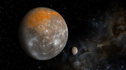 Naklejka premium A scientific-style rendering of the planet Mercury and a smaller celestial body in space. The surface of Mercury is heavily cratered, with an orange colored pole, set against a starry nebula.