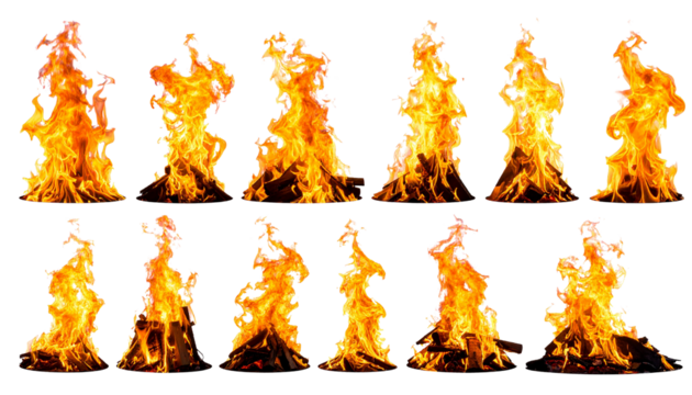Set of bright red and orange flames blazing hot heat and light against a dark background, perfect for themes of danger and energy