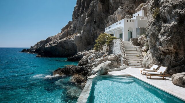 luxury mediterranean villa white stairs oceanfront cliffside terrace with sunbeds turquoise water amalfi coast style architecture - Powered by Adobe