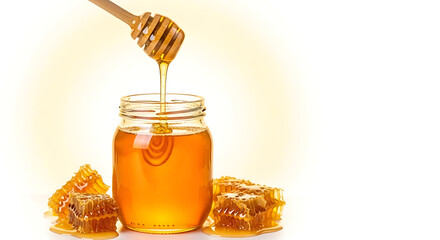 Golden honey drips from a wooden dipper into a clear glass jar, surrounded by natural honeycomb pieces on a bright background.