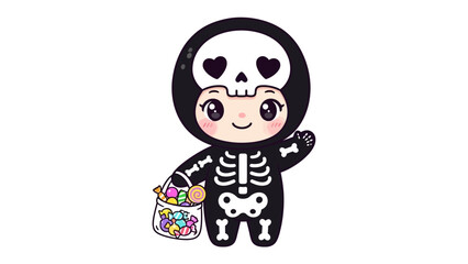 Cute Halloween Kid in Skeleton Costume: A charming child dressed in a delightful skeleton costume, embracing the Halloween spirit with a friendly wave and a bag of colorful treats.