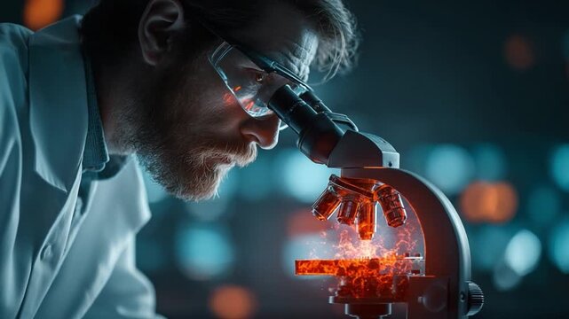 Focused Scientist: A dedicated scientist meticulously examines a sample under a microscope, engrossed in groundbreaking research and scientific exploration in a cutting-edge laboratory.