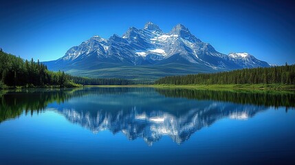 Fototapeta premium Snow - Capped Mountain Reflecting in a Serene Lake with Forested Shoreline