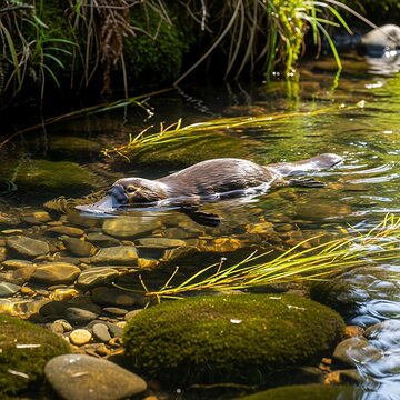 Australian Platypus Swimming in a Clear Freshwater Creek.