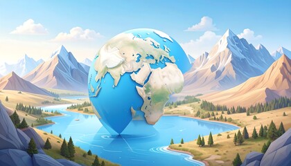 3D Earth floating over a serene lake in a mountainous landscape