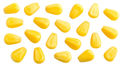 Yellow corn flakes background isolated on white resembling pills or tablets