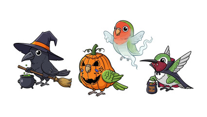 Spooky Halloween Birds' Party: Adorable Halloween-themed cartoon illustrations showcasing a cheerful gathering of various birds in festive attire.  A charming, playful portrayal.