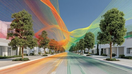 Futuristic urban street with vibrant, flowing data streams connecting modern residential buildings and green trees under a bright sky.