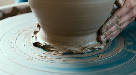 Close-up of a potter's hands skillfully shaping wet brown clay into a ceramic vessel on a spinning pottery wheel