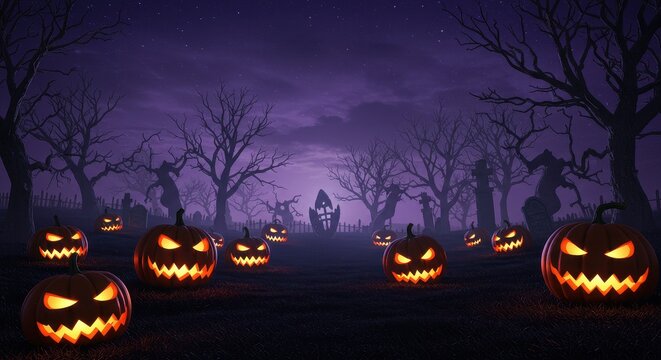 Spooky Halloween Forest Scene with Glowing Jack-o-Lanterns and Eerie Atmosphere.