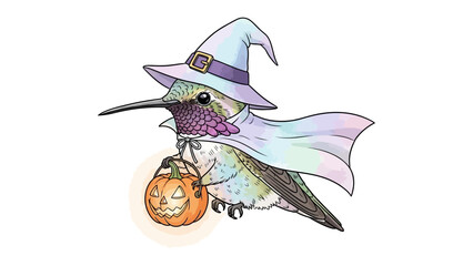 Whimsical Hummingbird at Halloween: A charming hummingbird, adorned in a witch's hat and cloak, holds a carved pumpkin lantern, creating a delightful and spooky seasonal scene.