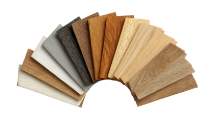 Variety of flooring samples arranged fan-like, showcasing different wood tones