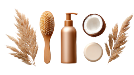 Natural hair care products, featuring a wooden brush, bottle, coconut halves, and dried pampas grass