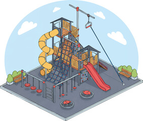 Children play on colorful playground equipment with slides and climbing structures under a partly cloudy sky, creating a joyful and active scene.