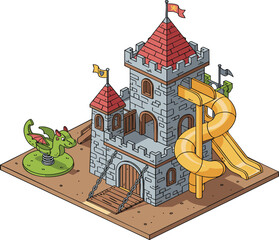 Isometric castle playground with slide and dragon spring rider in sand offers a whimsical and playful recreation area for children.