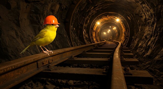 Yellow bird in orange helmet standing on train tracks inside a tunnel