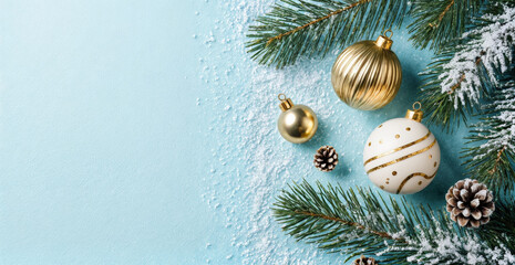 Elegant Christmas Decorations: Golden Ornaments, Snowy Branches, Blue Background