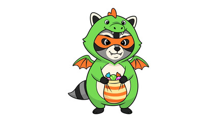 Raccoon in Dragon Costume: This adorable raccoon embodies whimsical charm, donning a bright green dragon costume with orange accents, its mischievous eyes peering out, a bag of candy in hand.