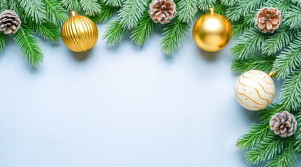 Elegant Christmas Decorations: Golden Ornaments, Snowy Branches, Blue Background