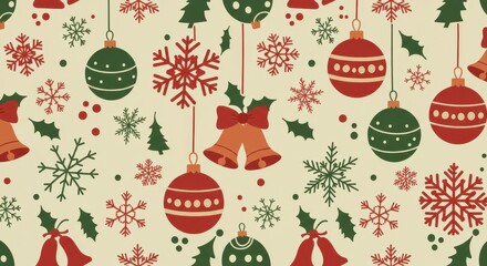 Vintage-Style Seamless Christmas Pattern with Hanging Ornaments, Bells, and Snowflakes.