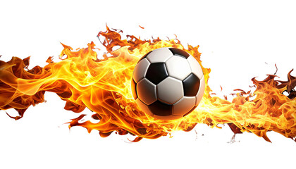 Black and white soccer ball engulfed in flames against a dark background, illustrating the heat of competition in the sport