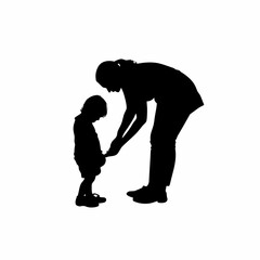 Silhouette of a caregiver helping a child tie shoelaces isolated on white background
