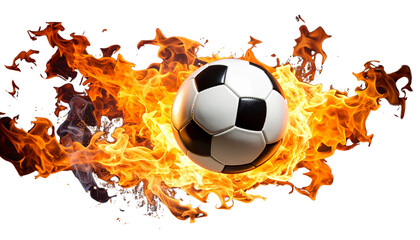 Black and white soccer ball engulfed in flames against a dark background, illustrating the heat of competition in the sport