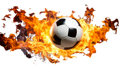Black and white soccer ball engulfed in flames against a dark background, illustrating the heat of competition in the sport