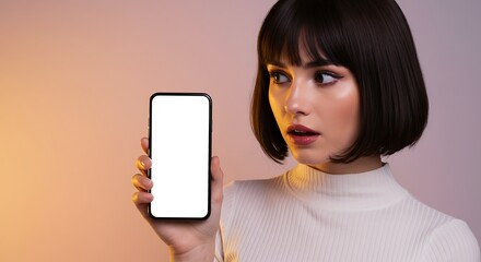 Naklejka premium Woman shows blank smartphone screen against gradient background