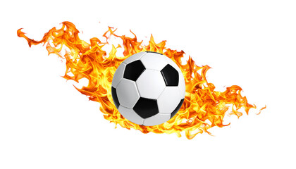 Black and white soccer ball engulfed in flames against a dark background, illustrating the heat of competition in the sport