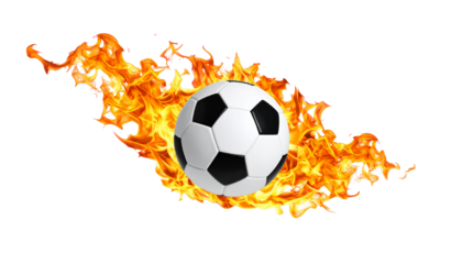 Black and white soccer ball engulfed in flames against a dark background, illustrating the heat of competition in the sport